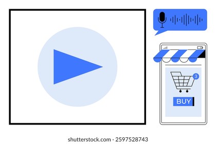 Blue play button, voice search icon with waveforms, and a shopping cart on a smartphone with a buy button. Ideal for online shopping, digital marketing, e-commerce, multimedia content, and technology