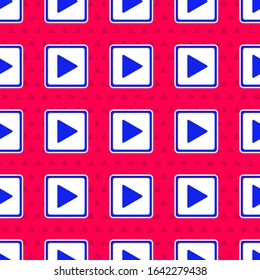 Blue Play in square icon isolated seamless pattern on red background.  Vector Illustration