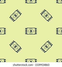 Blue Play Video icon isolated seamless pattern on yellow background. Film strip with start sign.  Vector Illustration