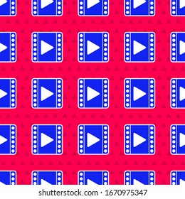 Blue Play Video icon isolated seamless pattern on red background. Film strip sign.  Vector Illustration