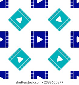 Blue Play Video icon isolated seamless pattern on white background. Film strip with play sign.  Vector Illustration