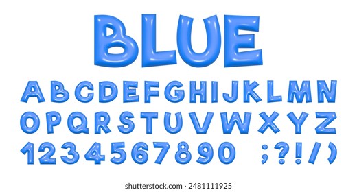 Blue playful alphabet in Y2K style. 3D rendering of plump letters, plastic glossy reflective texture. Vector illustration.