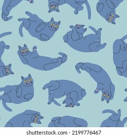 Blue playful Cats lying in various poses. Cozy, comfortable positions. Funny cute characters. Hand drawn modern Vector illustration. Square seamless Pattern. Background, wallpaper