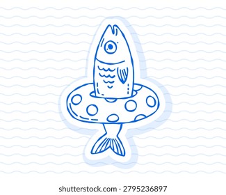 Blue playful fish with swim ring summer doodle, cute nautical sticker style icon for kids beach designs, pool party and vacation themes.