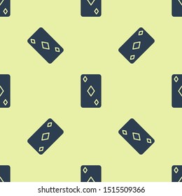 Blue Playing card with diamonds symbol icon isolated seamless pattern on yellow background. Casino gambling.  Vector Illustration