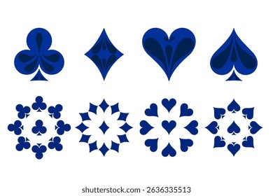 Blue playing card pattern set includes clubs, diamonds, hearts and spades with mandala-inspired motifs. Perfect for casino themes, games, prints and decorative designs.
