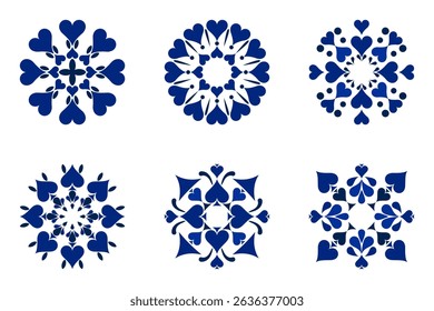 Blue playing card pattern set includes clubs, diamonds, hearts and spades with mandala-inspired motifs. Perfect for casino themes, games, prints and decorative designs.
