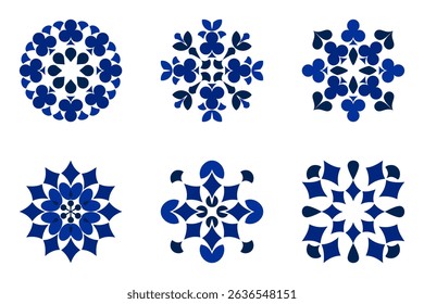 Blue playing card pattern set includes clubs, diamonds, hearts and spades with mandala-inspired motifs. Perfect for casino themes, games, prints and decorative designs.
