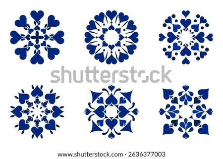 Blue playing card pattern set includes clubs, diamonds, hearts and spades with mandala-inspired motifs. Perfect for casino themes, games, prints and decorative designs.
