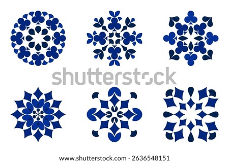 Blue playing card pattern set includes clubs, diamonds, hearts and spades with mandala-inspired motifs. Perfect for casino themes, games, prints and decorative designs.
