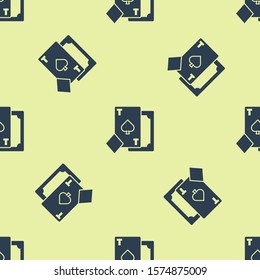 Blue Playing card with spades symbol icon isolated seamless pattern on yellow background. Casino gambling.  Vector Illustration