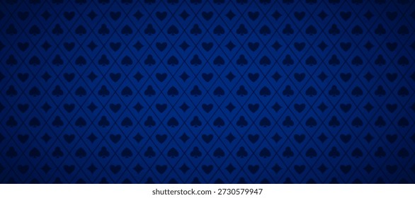 Blue playing cards pattern background. Retro poker or casino table theme wallpaper. Navy colored vintage spades, hearts, diamonds, clubs symbols backdrop. Vegas gambling concept texture. Vector