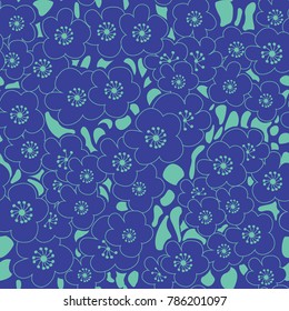 Blue plum flowers pattern, Oriental, Chinese element for design. Seamless vector background.