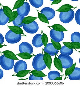 Blue plum fluit kitchen tablecloth textile print vector seamless pattern in watercolor style. Berry fruit blue plum seamless pattern kitchen tablecloth fabric print design. Organic nutrition