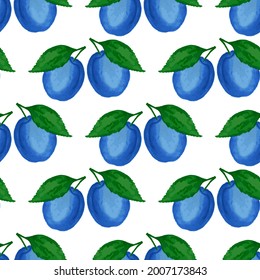 Blue plum fluit kitchen tablecloth textile print vector seamless pattern in watercolor style. Berry fruit blue plum seamless pattern kitchen tablecloth fabric print design. Organic nutrition