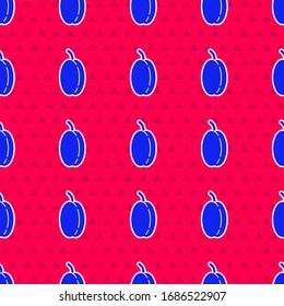 Blue Plum fruit icon isolated seamless pattern on red background.  Vector Illustration