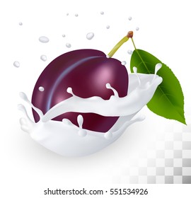 Blue plum in a milk splash on a transparent background. Vector icon.