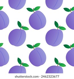 Patrón sin costuras de ciruela azul. Fruta aislada sobre fondo blanco. Ilustración vectorial. Diseño web, textil, estampado, embalaje.
