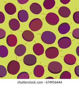 Blue plum simple seamless pattern isolated on green background. Vector