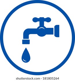 blue plumbing round icon with faucet and drop in frame