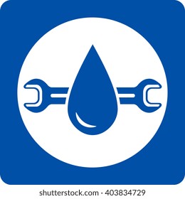 blue plumbing service icon with water droplet and wrench