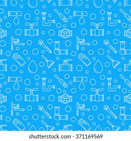 Blue Plumbing Services Background - Vector Minimal Seamless Pattern With White Outline Plumbing Signs