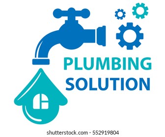 blue plumbing solution concept symbol with tap and house on drop