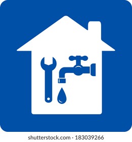 blue plumbing symbol of repair with house, tap and wrench