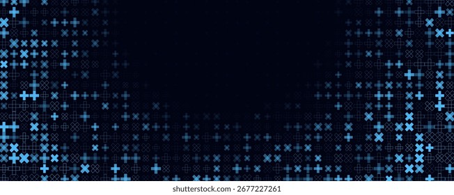 Azul más iconos cruzados rodean el fondo del gradiente central en ambiente tecnológico. Textura de marco de borde para salud, datos, cibernético en Anuncio, encabezado, cubierta, diapositiva, App. Geométrica moderna BG. Ilustración vectorial.