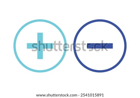 Blue Plus and Minus icon shape button set. Add, zoom, cross, positive logo symbol. Plus and minus icon outline vector. vector of simple plus and minus signs. Vector illustration. Eps file 43.