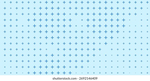 Símbolos de adição azul de diferentes tamanhos e opacidade. Padrão Blue Medical Plus. Ilustração de vetor