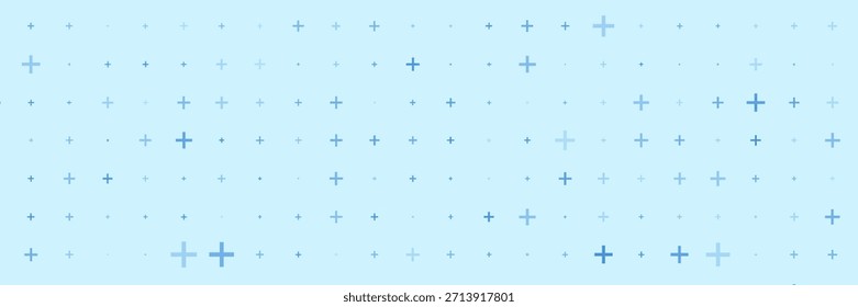 Blau plus Symbole verschiedener Größen und Deckkraft. Blaues medizinisches Plus-Muster