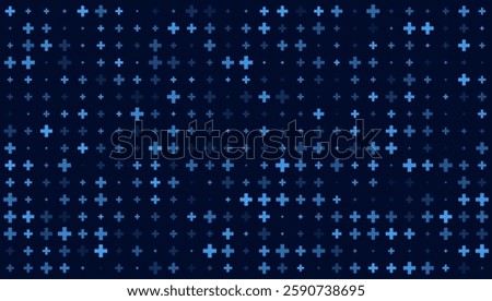 Blue plus symbols of different sizes and opacity on dark blue background