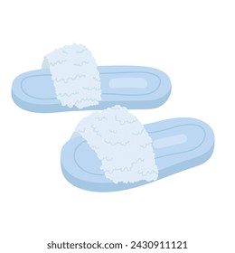 Blue plush house slippers. Cozy indoor slippers, soft flip flops, fluffy footwear cartoon vector illustration