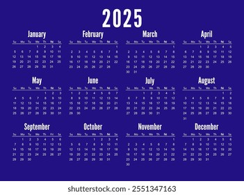 Calendario de bolsillo azul para 2025. Plantilla de calendario de Vector para negocios, azul sobre un fondo blanco. La semana comienza el domingo.