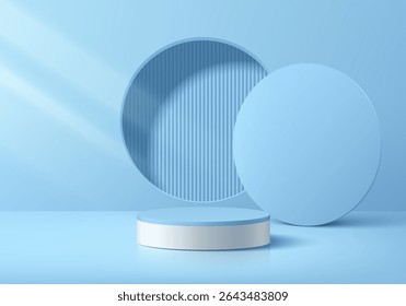 Blue podium 3D background with vertical pattern in circle window on wall. Abstract composition minimalist design. Studio display showroom cosmetic product pedestal, Fashion stage showcase mockup scene