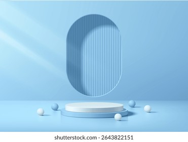 Blue podium 3D background with vertical pattern in round window wall. Abstract composition minimalist design. 3D Studio display showroom cosmetic product pedestal, Fashion stage showcase mockup scene.