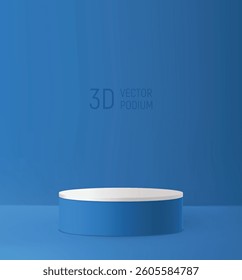 Blue podium 3d in bright colored studio with wall and floor. Realistic 3d stage with wtite top for show product on blue background. Studio showcase podium mockup with cyclorama, vector illustration.