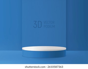 Blue podium 3d with white top, realistic bright cylinder stand podium. Minimal wall and floor scene for display mockup product. Stage for fashion object showcase, vector blue pedestal illustration.