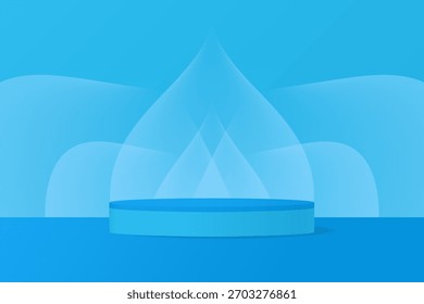 Podio azul, fondo abstracto con conos degradados y burbujas