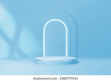 Podio azul con arco. Escaparate de estudio alrededor del podio de exposición, galería de exhibiciones limpio pedestal. Cosméticos o presentación de productos de moda espacio de exposición con iluminación de fondo vectorial realista