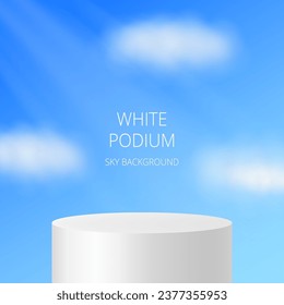 Blue podium. Background with cloudy sky and rays of light. Product display. Cylinder, clouds.	