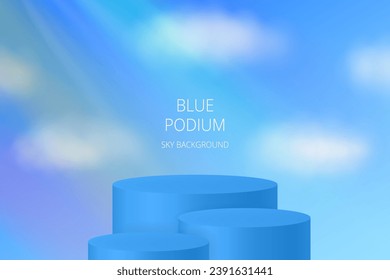 Blue podium. Background with cloudy sky and rainbow. Product display. Cylinder, rays of light, clouds.	