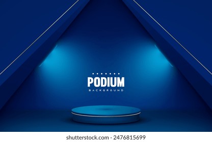 Blue podium background with light neon effects. Product display vector.