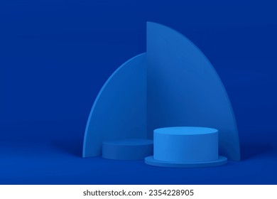 Blue podium circle showcase pedestal with geometric wall background 3d realistic vector illustration. Fashion showcase promo stand platform for product advertising presentation showroom empty interior