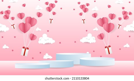 Podium azul con nube en el Día de San Valentín sobre fondo rosado , Diseño moderno Ilustración 3D Vector EPS 10