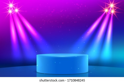 blue podium and colorful spotlight on the studio room