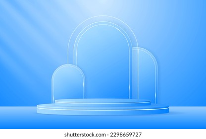 Blue podium with blue curved border and elegant white lines on the back for product presentation. Cosmetic product display. Stage or podium. vector illustration	