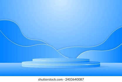 Blue podium with blue curved border and elegant white lines on the back for product presentation. Cosmetic product display. Stage or podium. vector illustration	
