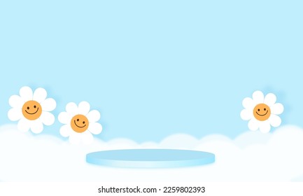 Blue podium display 3d rendering with daisy flower and white cloud on blue sky background vector. Minimal pastel product backdrop.